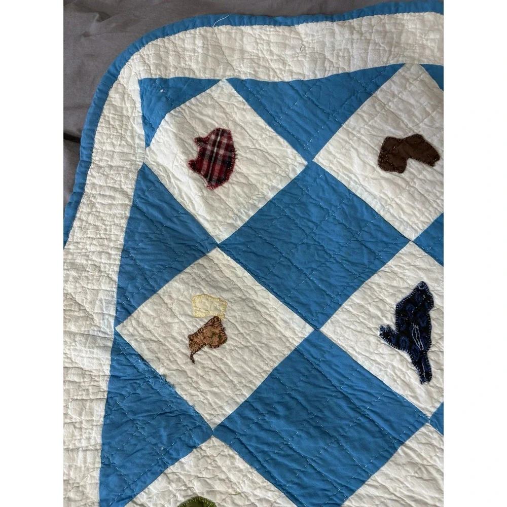 Antique Cotton Patchwork‎ Quilt Blue White Handmade Square Blocks 48